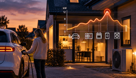 En person laddar elbil och värmer sitt hus med diagram som visar effekttoppen.