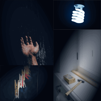 kollage med dusch, fönster, element, lampa, klädstreck